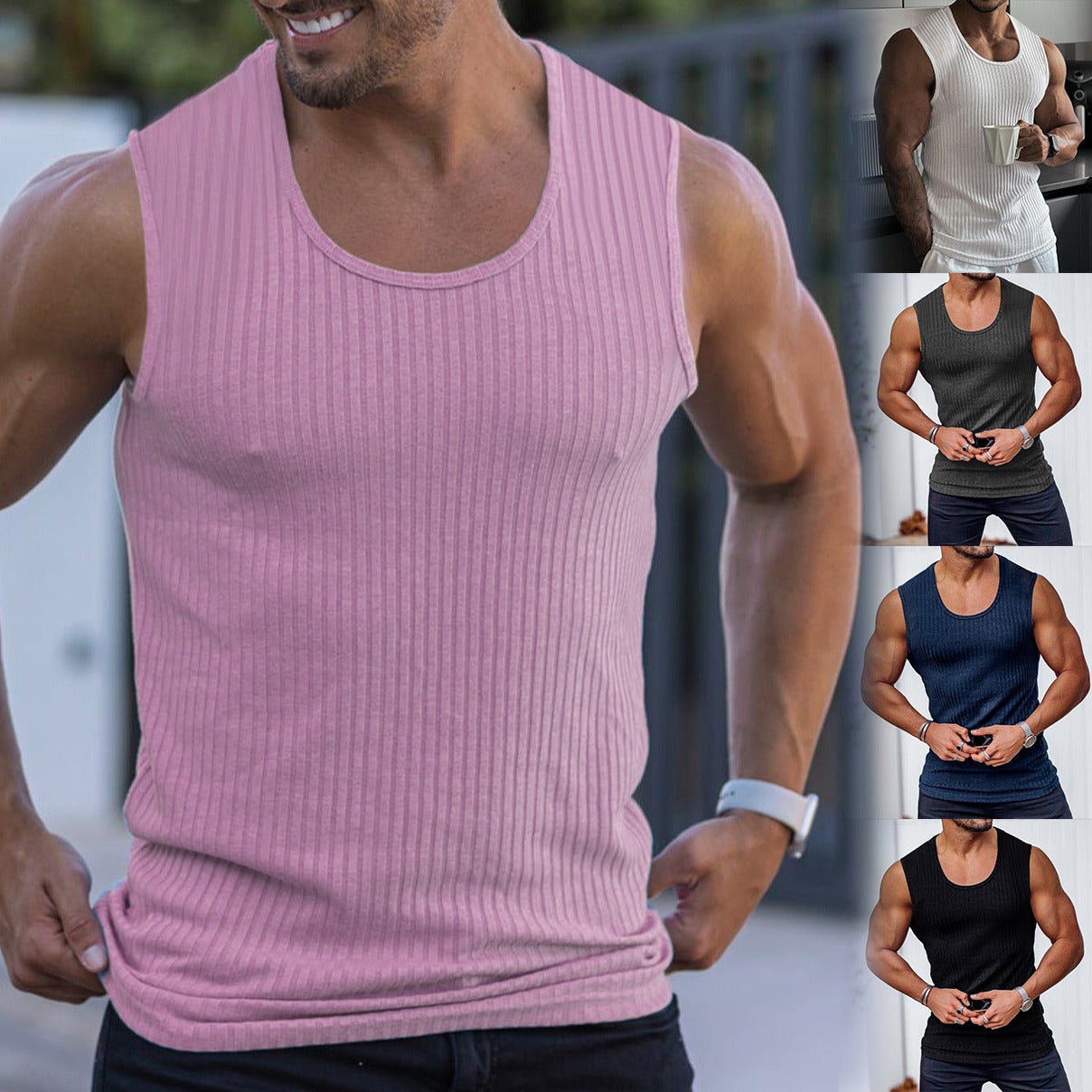 Summer Knitted Vertical Bar Fitness Sports Leisure Fit Tank Top Mens Sleeveless Wide Shoulder Tank Top Mens