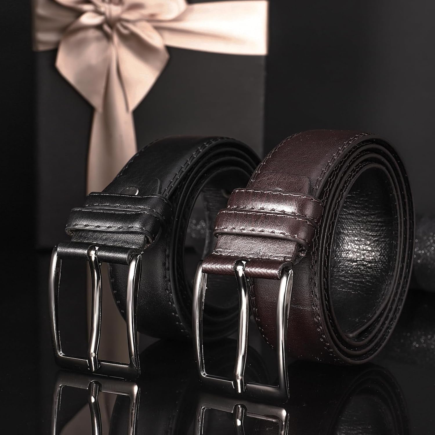 2 Pieces Leather Belts for Mens, Men Black Brown Leather Belt Men'S Belts Jeans Suit Trouse Belt for Business Dress Casual